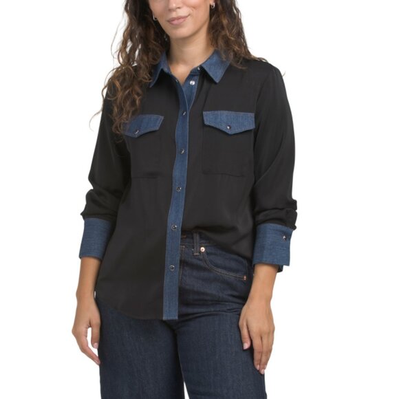 ELLEN TRACY Black Long Sleeve Shirt With Pockets And Denim Trim - Picture 1 of 2